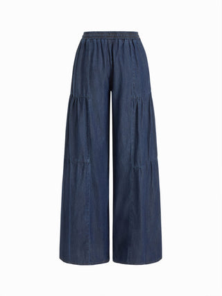 Denim Mid Rise Drawstring Ruched Wide Leg Jeans