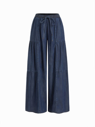 Denim Mid Rise Drawstring Ruched Wide Leg Jeans