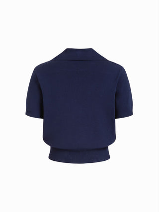 Knit Collar Colorblock Metal Button Short Sleeve Top
