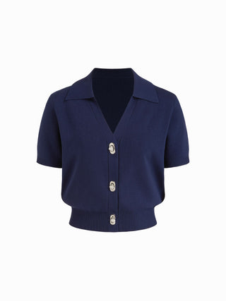 Knit Collar Colorblock Metal Button Short Sleeve Top