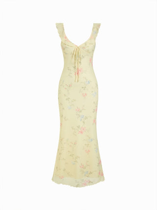 Mesh Floral Graphic V-neck Knotted Mermaid Maxi Dress