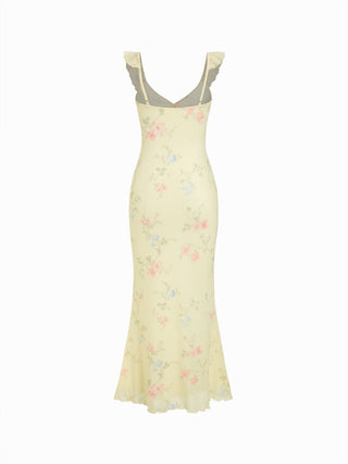 Mesh Floral Graphic V-neck Knotted Mermaid Maxi Dress
