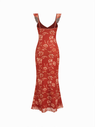 Mesh Floral Graphic V-neck Knotted Mermaid Maxi Dress