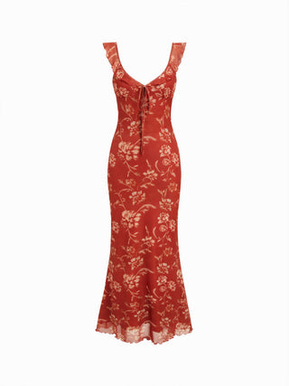 Mesh Floral Graphic V-neck Knotted Mermaid Maxi Dress