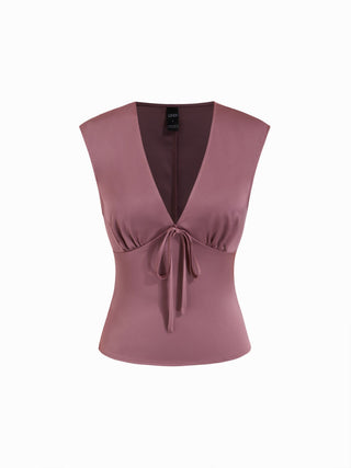Satin V-Neck Ruched Bowknot Tank Blouse