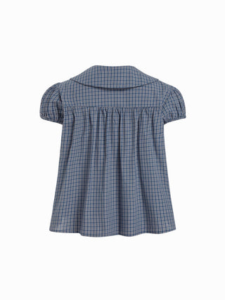Cotton Gingham Peter Pan Collar Puff Sleeve Pleated Oversized Blouse