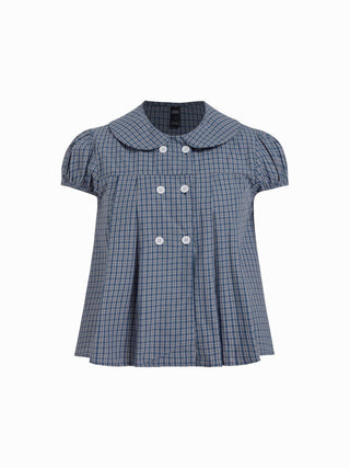 Cotton Gingham Peter Pan Collar Puff Sleeve Pleated Oversized Blouse