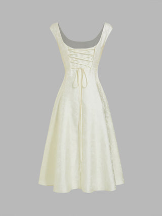 Jacquard Floral Square Neck Textured Flared Midi Dress
