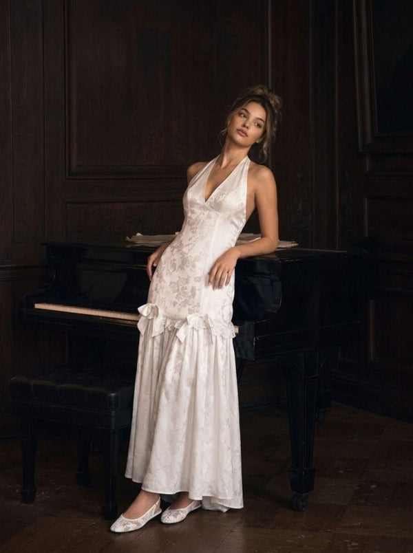 Summer Dress Summer Dresses Flowy Dresses Silky Soft Floral Satin Jacquard Satin Halter Neckline Bowknot Mermaid Maxi Dress For Party/Clubbing Wedding
