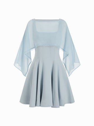 Chiffon Lace Trim Cape & Square Neck Flared Mini Dress Set