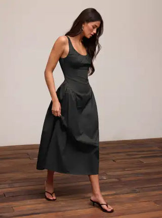 Cotton Scoop Neckline A-line Midi Dress