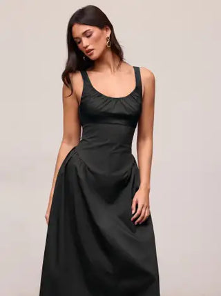 Cotton Scoop Neckline A-line Midi Dress