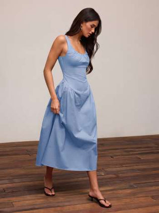 Cotton Scoop Neckline A-line Midi Dress