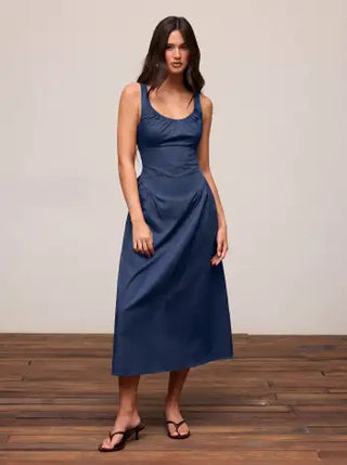 Cotton Scoop Neckline A-line Midi Dress