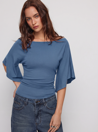 Boat Neck Mid-length Bell Sleeve Ruched Tee