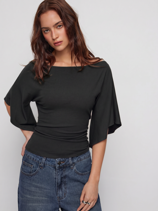 Boat Neck Mid-length Bell Sleeve Ruched Tee
