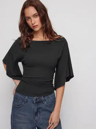 Boat Neck Mid-length Bell Sleeve Ruched Tee
