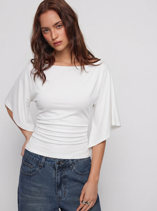 Boat Neck Mid-length Bell Sleeve Ruched Tee