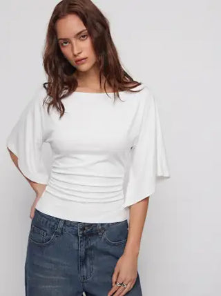 Boat Neck Mid-length Bell Sleeve Ruched Tee