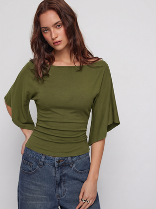 Boat Neck Mid-length Bell Sleeve Ruched Tee