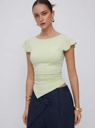 Cotton-blend Boat Neck Ruffle Sleeve Ruched Asymmetrical Hem Tee