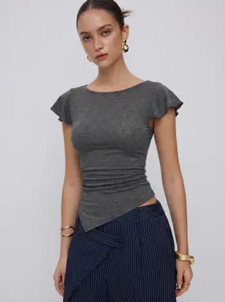 Cotton-blend Boat Neck Ruffle Sleeve Ruched Asymmetrical Hem Tee