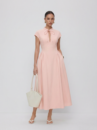 Stand Collar Tie-Neck Short Sleeve Draped Pocket Flared Maxi Dress