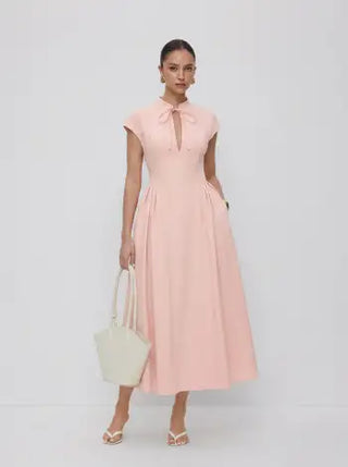 Stand Collar Tie-Neck Short Sleeve Draped Pocket Flared Maxi Dress