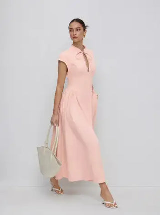 Stand Collar Tie-Neck Short Sleeve Draped Pocket Flared Maxi Dress