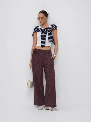Low Rise Striped Tie Side Ruched Straight Leg Trousers
