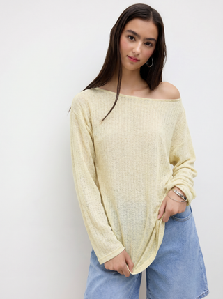 Linen-blend Boat Neck Oversized Long Sleeve Top