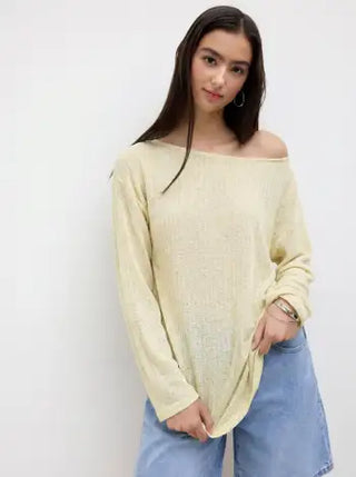 Linen-blend Boat Neck Oversized Long Sleeve Top