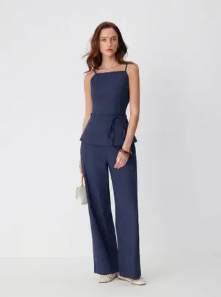 Linen-blend Tie Waist Cami Top & Mid Rise Straight Leg Trousers Set