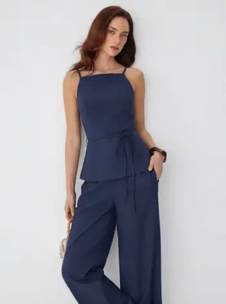 Linen-blend Tie Waist Cami Top & Mid Rise Straight Leg Trousers Set