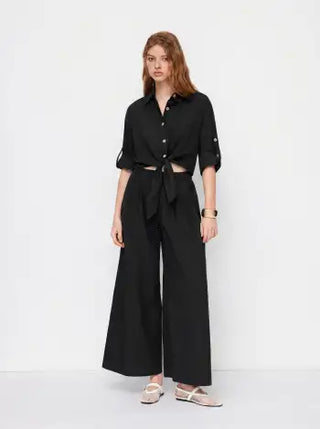 Linen-blend Linen-blend Collar Knotted Roll Hem Oversized Jumpsuit For Work