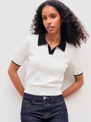 Knit Polo Contrasting Binding Short Sleeve Top