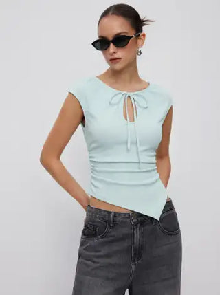 Textured Cut Out Drawstring Ruched Asymmetrical Hem Short Sleeve Top