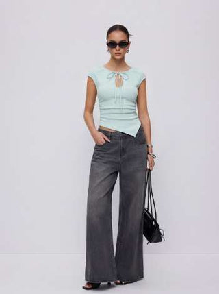 Textured Cut Out Drawstring Ruched Asymmetrical Hem Short Sleeve Top