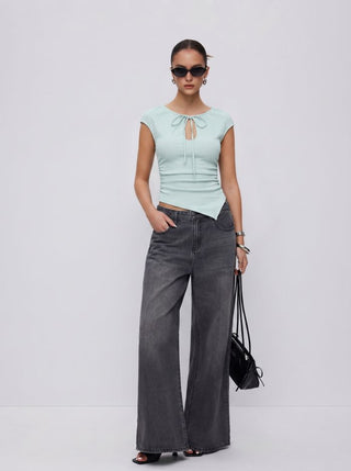 Textured Cut Out Drawstring Ruched Asymmetrical Hem Short Sleeve Top