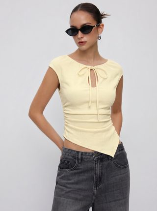 Textured Cut Out Drawstring Ruched Asymmetrical Hem Short Sleeve Top