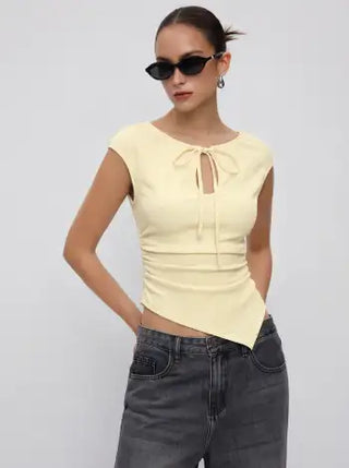 Textured Cut Out Drawstring Ruched Asymmetrical Hem Short Sleeve Top