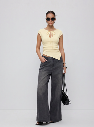 Textured Cut Out Drawstring Ruched Asymmetrical Hem Short Sleeve Top