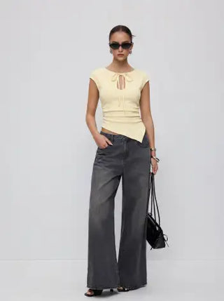 Textured Cut Out Drawstring Ruched Asymmetrical Hem Short Sleeve Top
