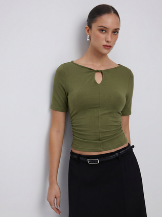 High Stretch Boat Neck Short Sleeve Twist Cut Out Ruched Tee