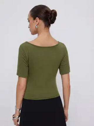 High Stretch Boat Neck Short Sleeve Twist Cut Out Ruched Tee