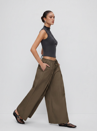 Cotton-blend Low Rise Drawstring Wide Leg Trousers
