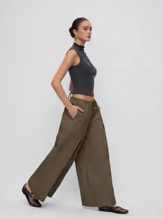 Cotton-blend Low Rise Drawstring Wide Leg Trousers