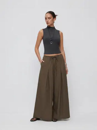 Cotton-blend Low Rise Drawstring Wide Leg Trousers