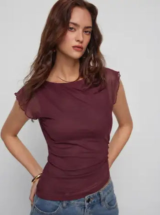 Mesh Boat Neck Lettuce Trim Ruched Top