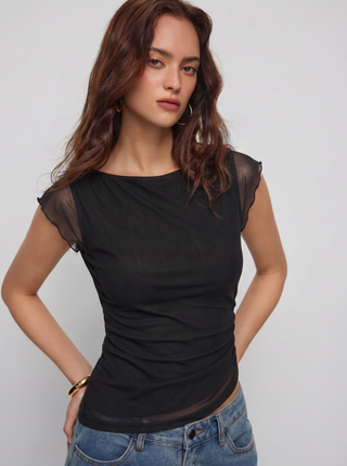 Mesh Boat Neck Lettuce Trim Ruched Top
